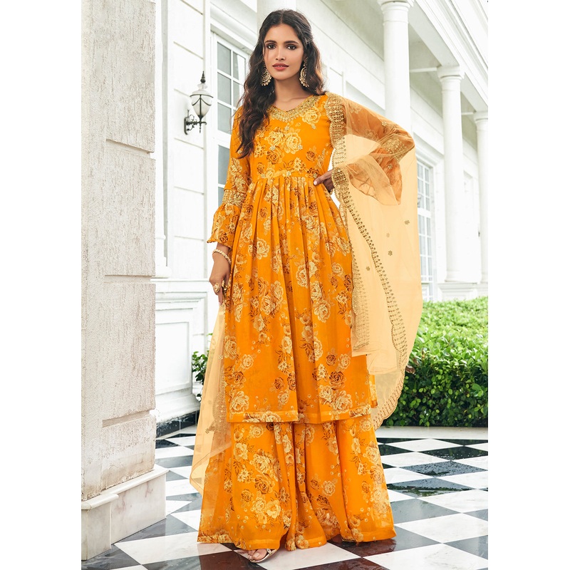 Floral Printed Haldi Yellow Trendy Sharara Style Suit