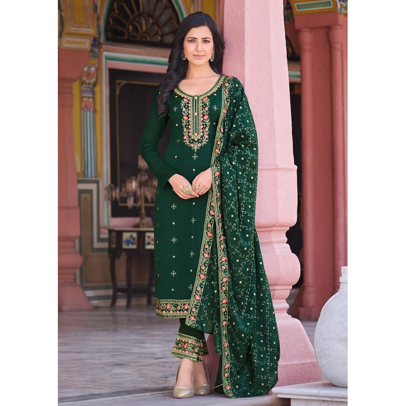 Forest Green Pakistani Pant Style Chinnon Salwar Suit
