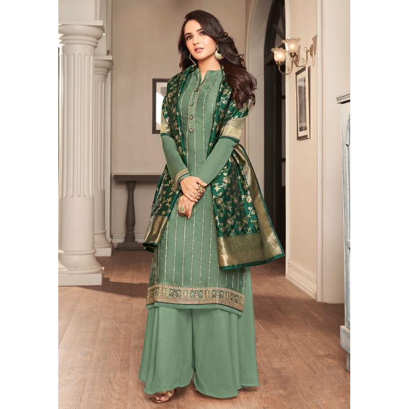 Forest Green Traditional Silk Embroidered Palazzo Salwar Suit