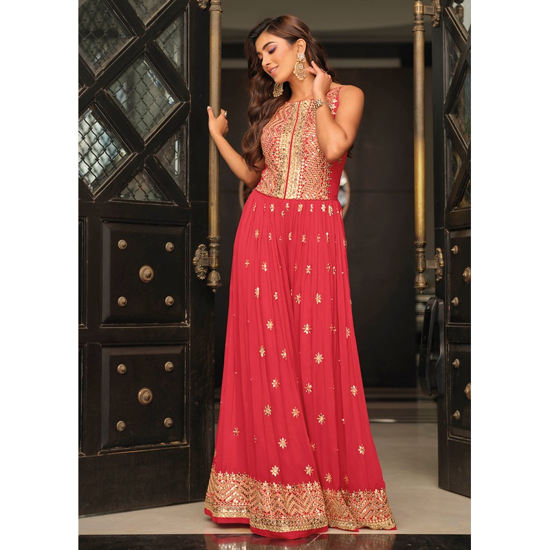 Fuchsia Pink Indo-Western Embroidered Chinon Jumpsuit