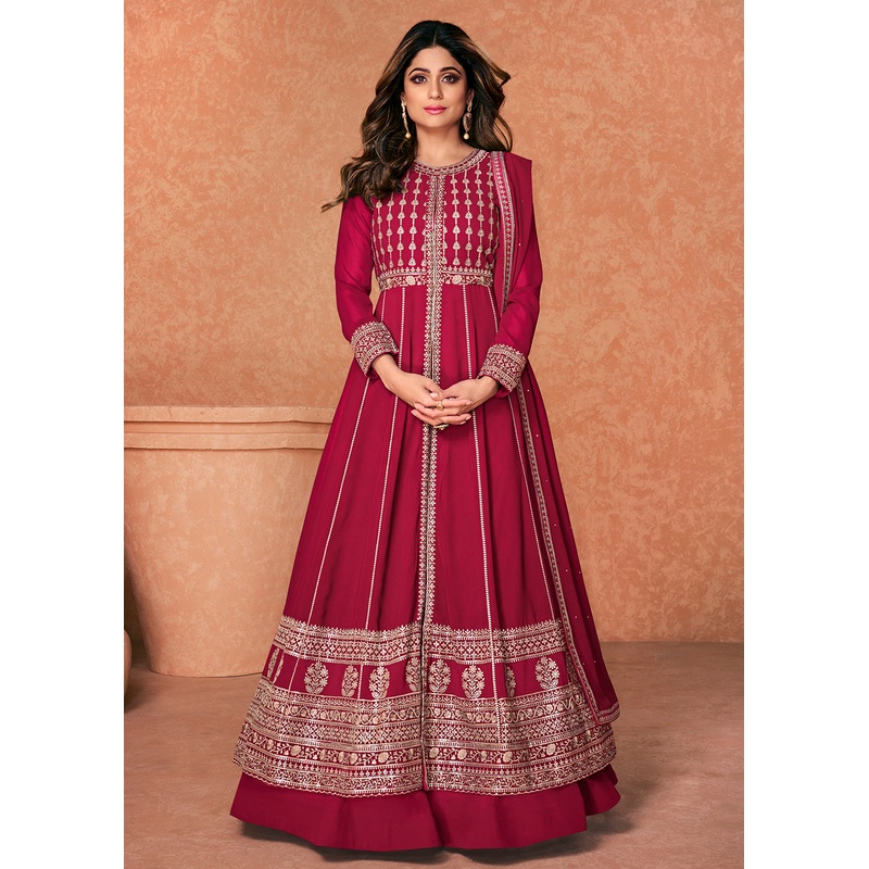 Georgette Embroidered Attractive Pink Long Anarkali Gown