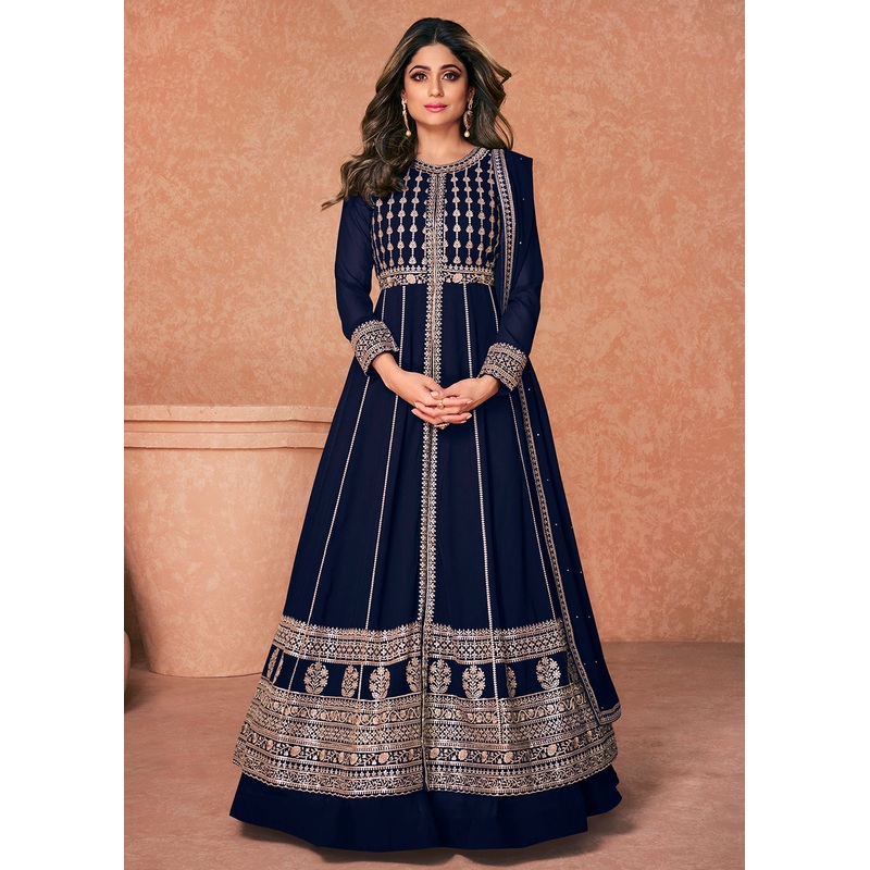 Georgette Embroidered Navy Blue Long Anarkali Gown