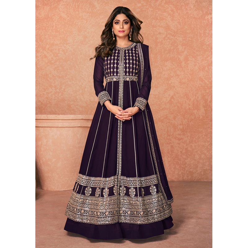 Georgette Embroidered Stunning Purple Long Anarkali Gown