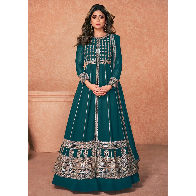 Georgette Embroidered Teal Blue Long Anarkali Gown