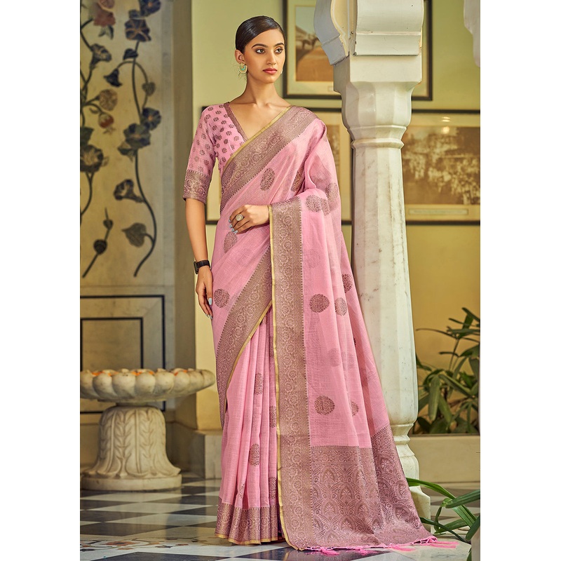 Glamorous Flamingo Pink Soft Linen Weaving Saree with Belt