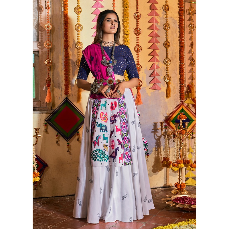 Glamorous White Maslin Cotton Mirror Navratri Chaniya Choli