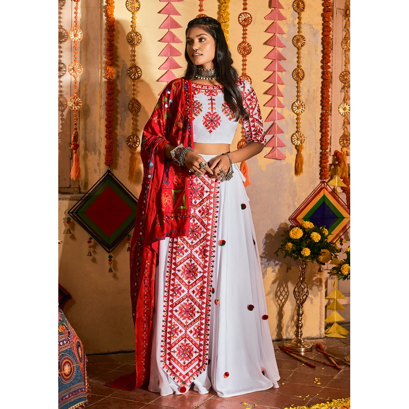 Glamorous White Maslin Cotton Navratri Chaniya Choli