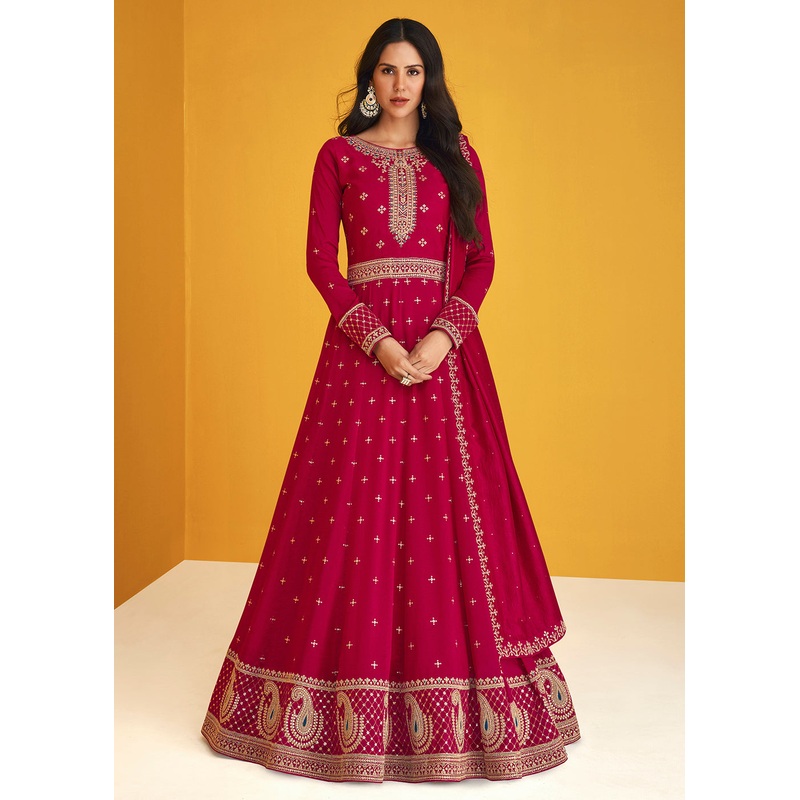 Glamourous Hot Pink Silk Festive Long Anarkali Featuring Sonam Bajwa