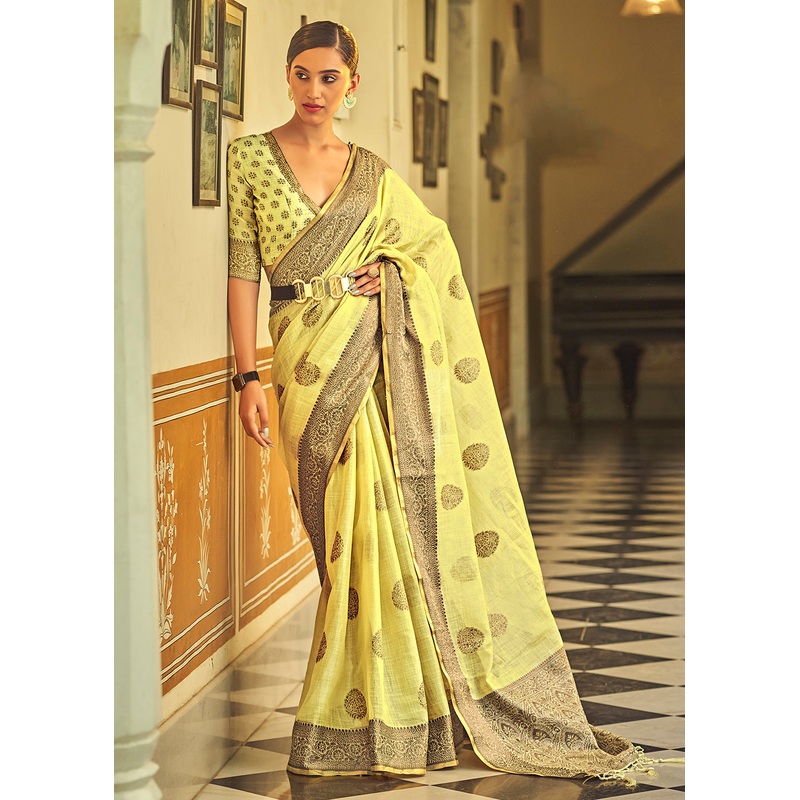 Gorgeous Yellow Soft Linen Weaving Saree with Belt