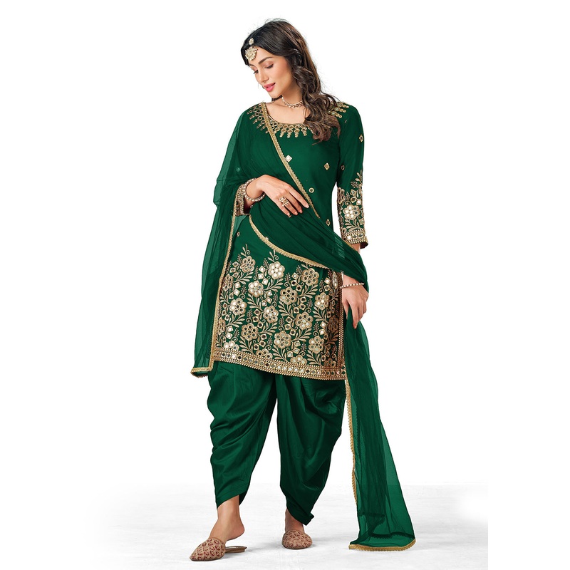 Green Patiala Style Silk Embroidered Punjabi Salwar Suit