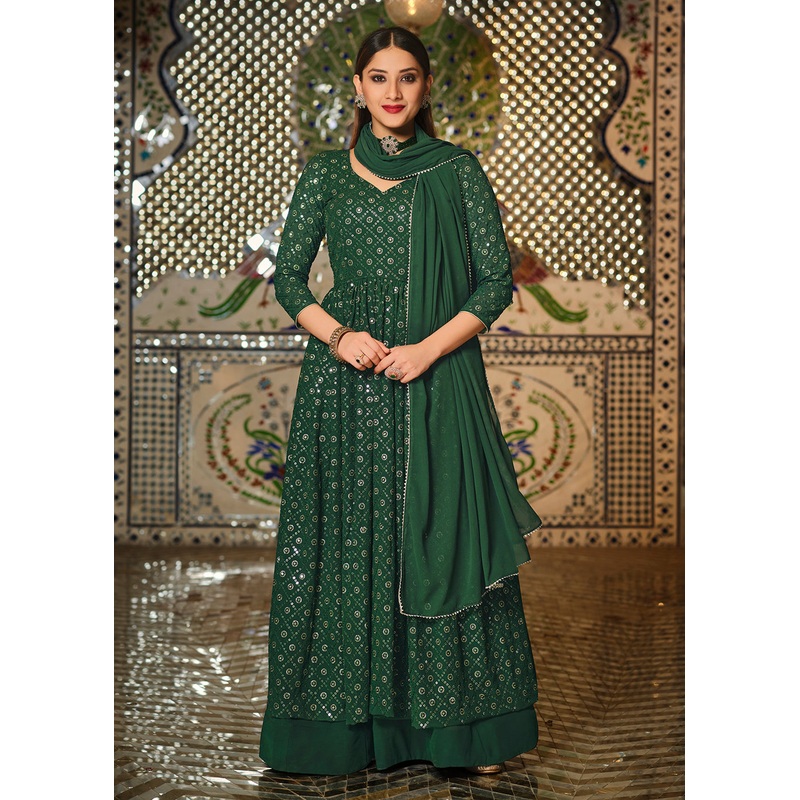 Green Sequins Front Slit Wedding Wear Anarkali Lehenga