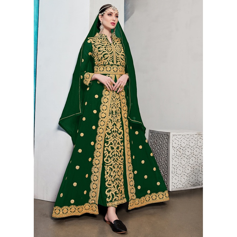 Green Stone & Mirror Work Embroidered Anarkali Suit
