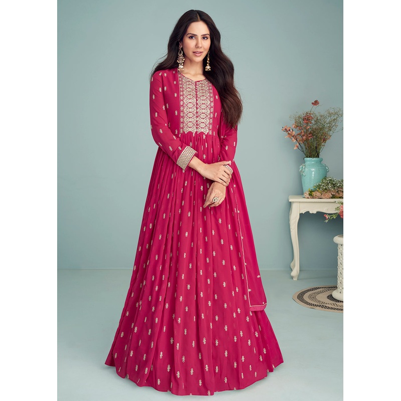 Hot Pink Georgette Embellished Wedding Anarkali Suit