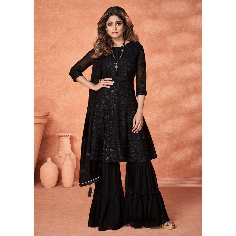 Imposing Black Gharara Style Wedding Festive Suit
