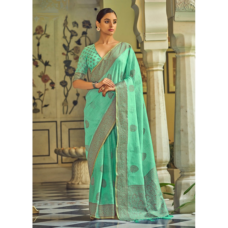 Incredible Marine Green Soft Linen Weaving Saree with Belt