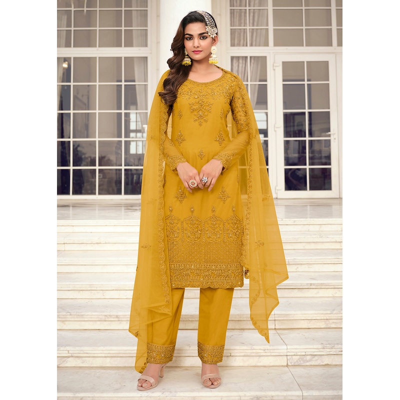 Intricate Yellow & Gold Embroidered Pant Style Salwar Suit