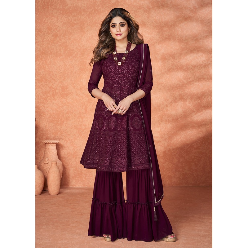 Inventive Wine Gharara Style Wedding Festive Suit