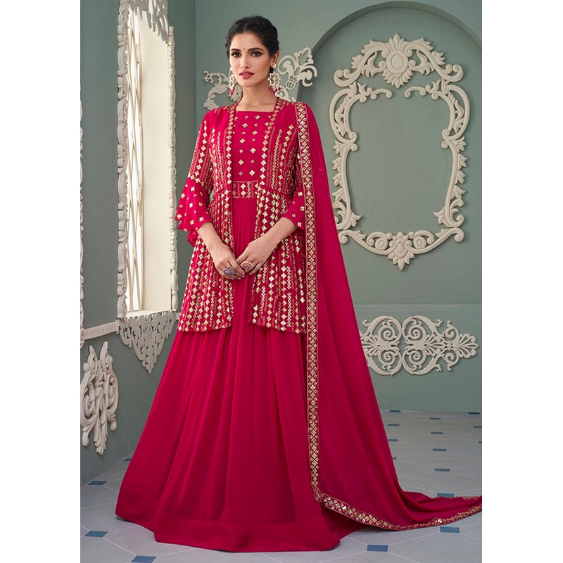 Jacket Style Hot Pink Embroidered Wedding Anarkali
