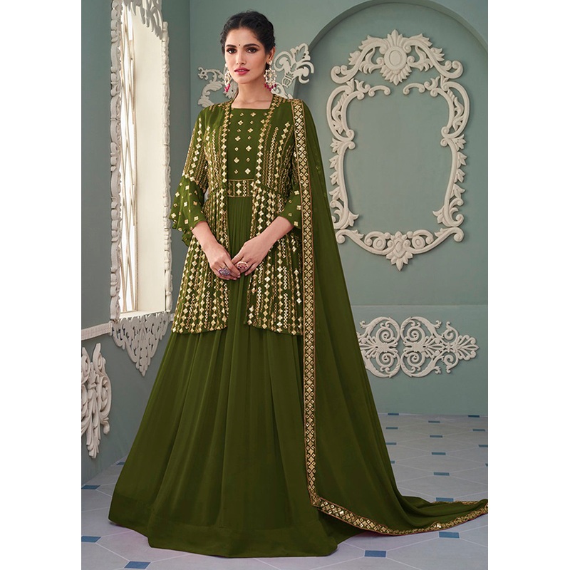 Jacket Style Lovely Green Embroidered Wedding Anarkali