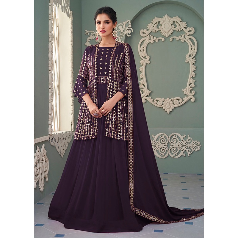 Jacket Style Plum Purple Embroidered Wedding Anarkali