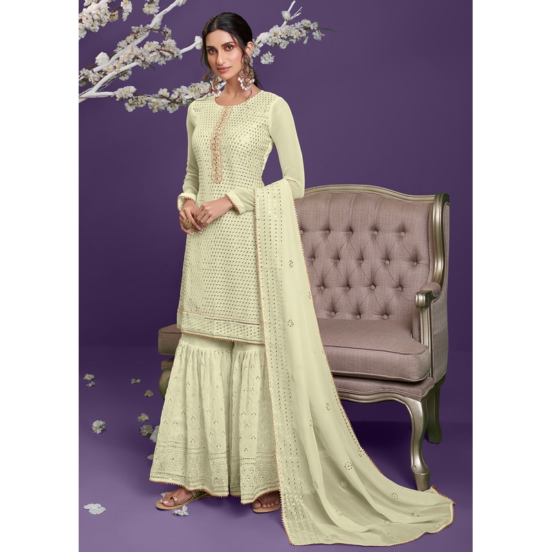 Lemon Yellow Khatli Work Embroidered Georgette Sharara Suit