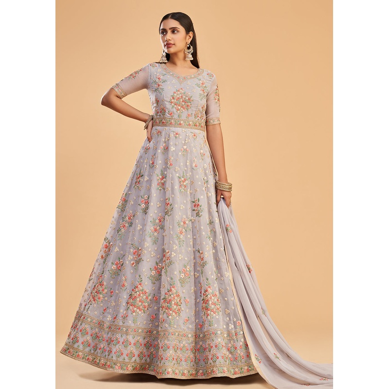 Light Lavender Multi Thread Embroidered Georgette Anarkali Gown