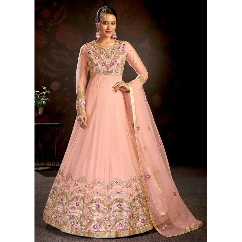 Light Pink Sparkly Net Embroidered Designer Anarkali Suit
