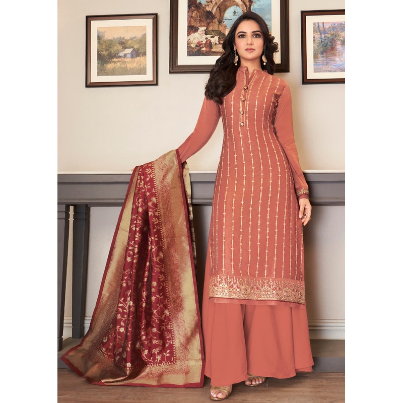 Light Pink Traditional Silk Embroidered Palazzo Salwar Suit