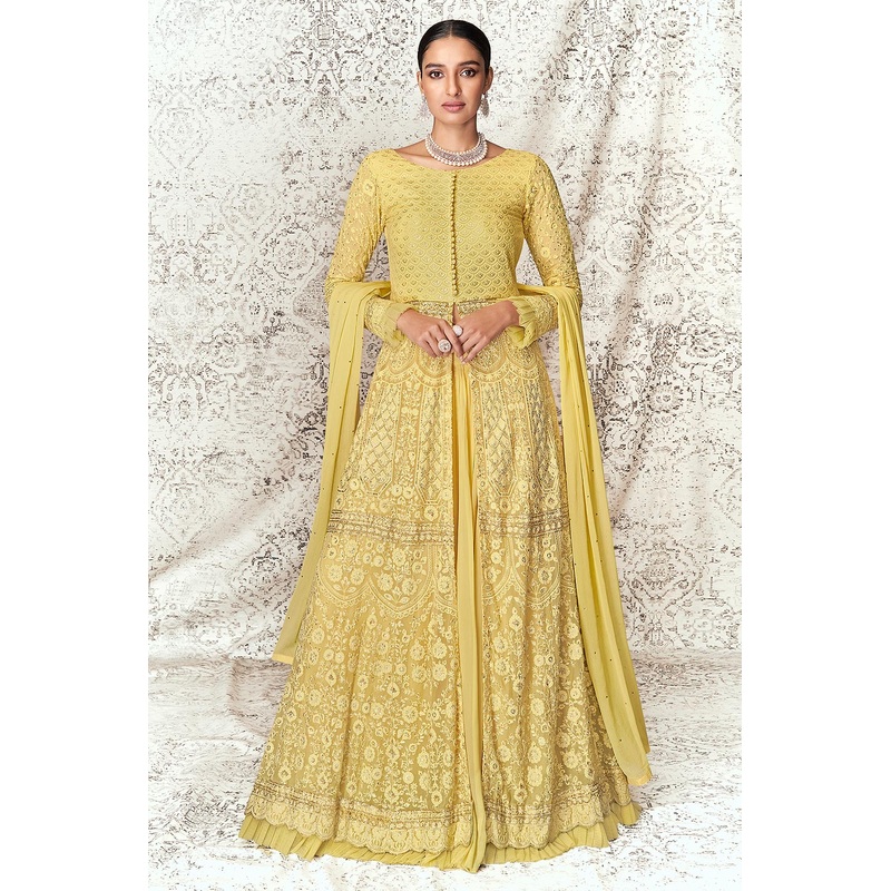 Lime Yellow Slitted Style Georgette Skirt Style Anarkali