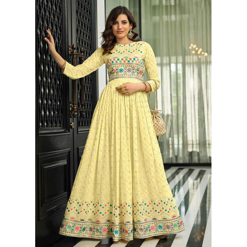 Lime Yellow Trendy Georgette Embellished Anarkali Suit