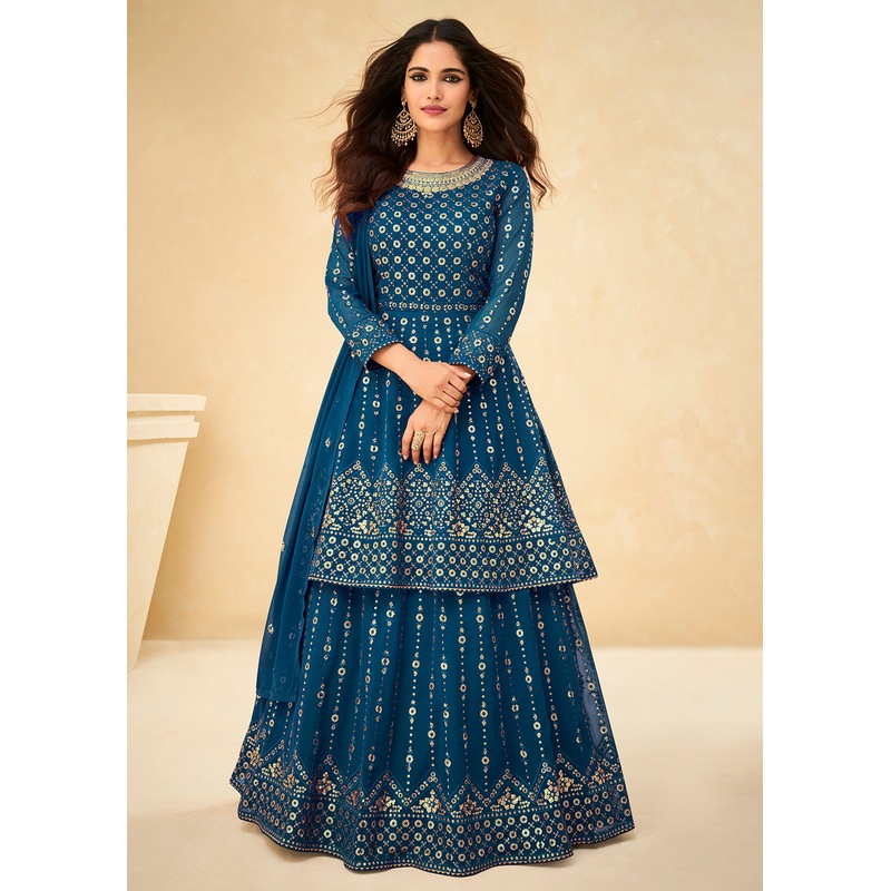 Long Kurti Style Blue Georgette Embroidered Lehenga Suit