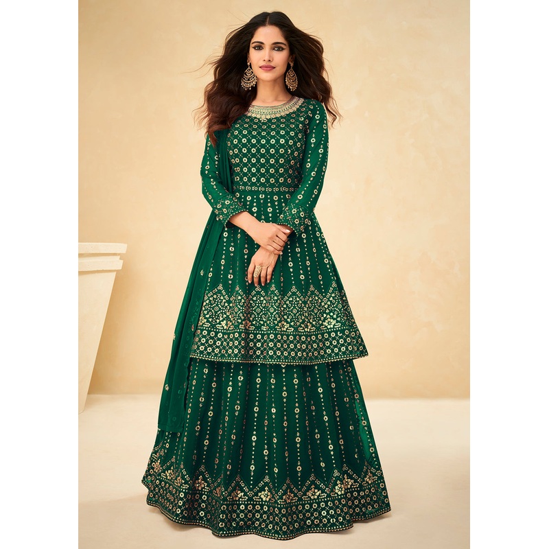 Long Kurti Style Green Georgette Embroidered Lehenga Suit