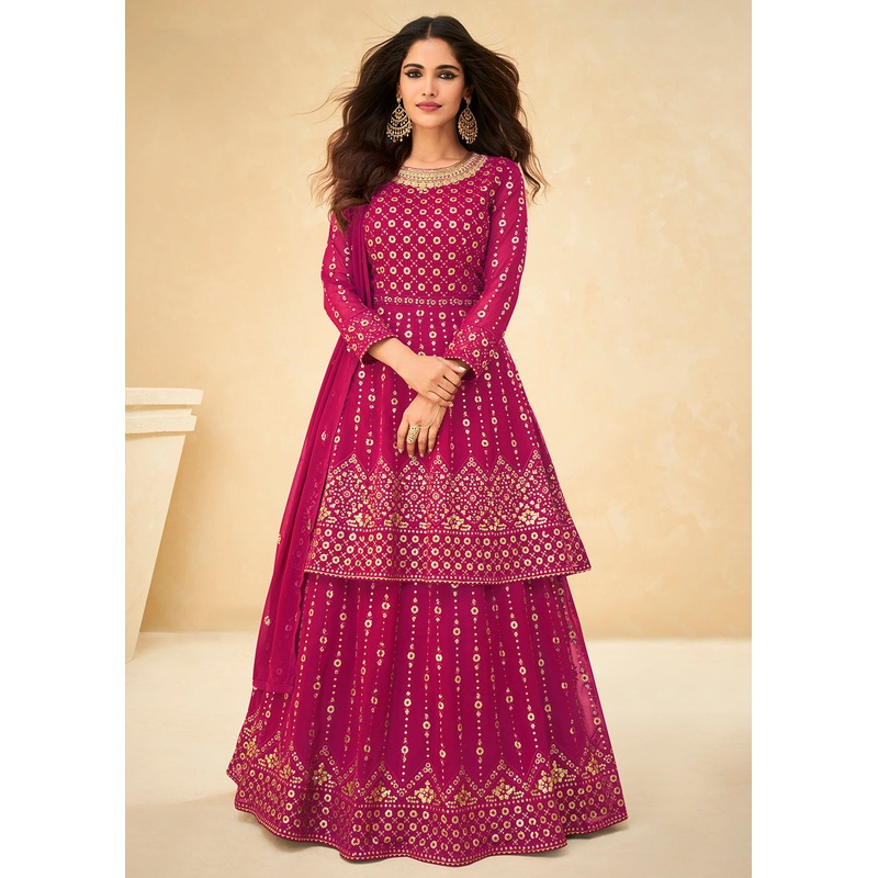 Long Kurti Style Pink Georgette Embroidered Lehenga Suit