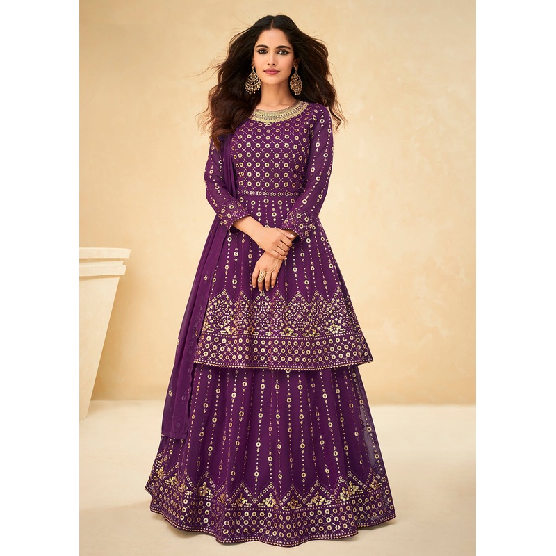 Long Kurti Style Purple Georgette Embroidered Lehenga Suit