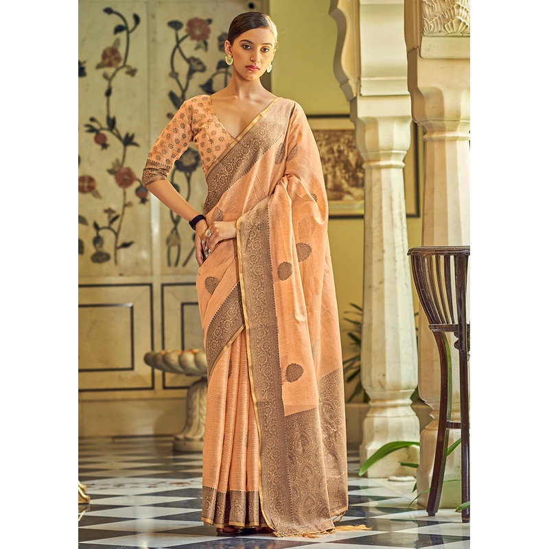 Lovely Ginger Orange Soft Linen Weaving Saree with Belt