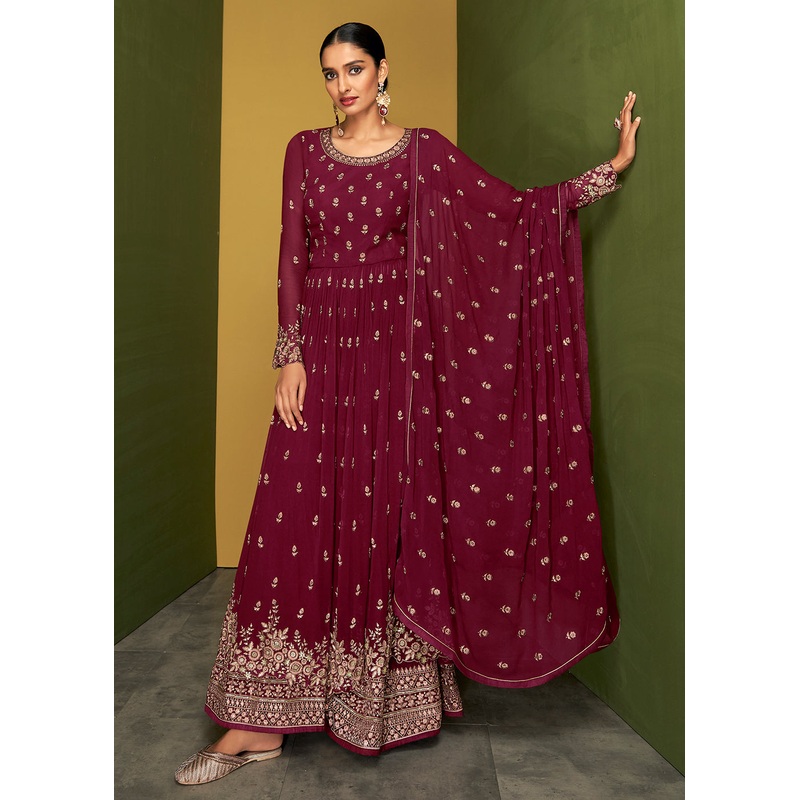 Magenta Maroon Anarkali Style Designer Palazzo Salwar Suit