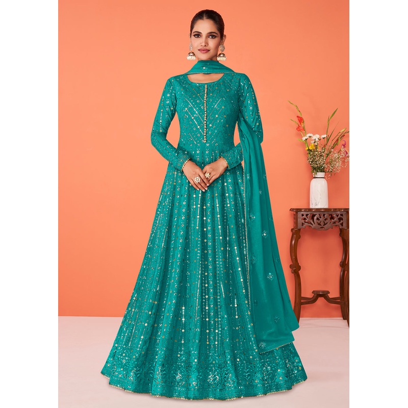 Majestic Turquoise Georgette Festive Anarkali Featuring Vartika Singh