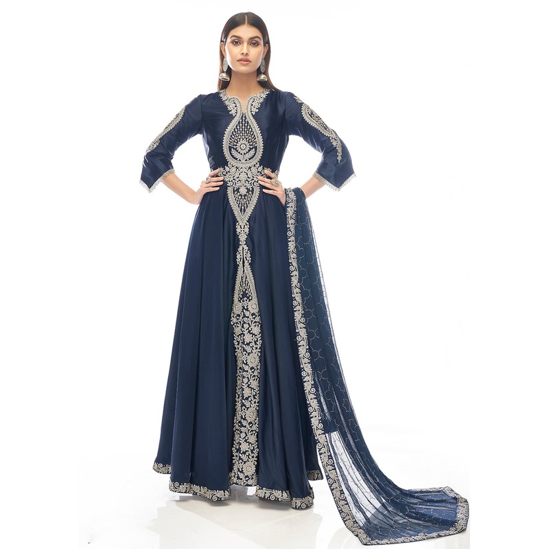 Marino Blue Jewel Style Work Satin Wedding Anarkali Suit