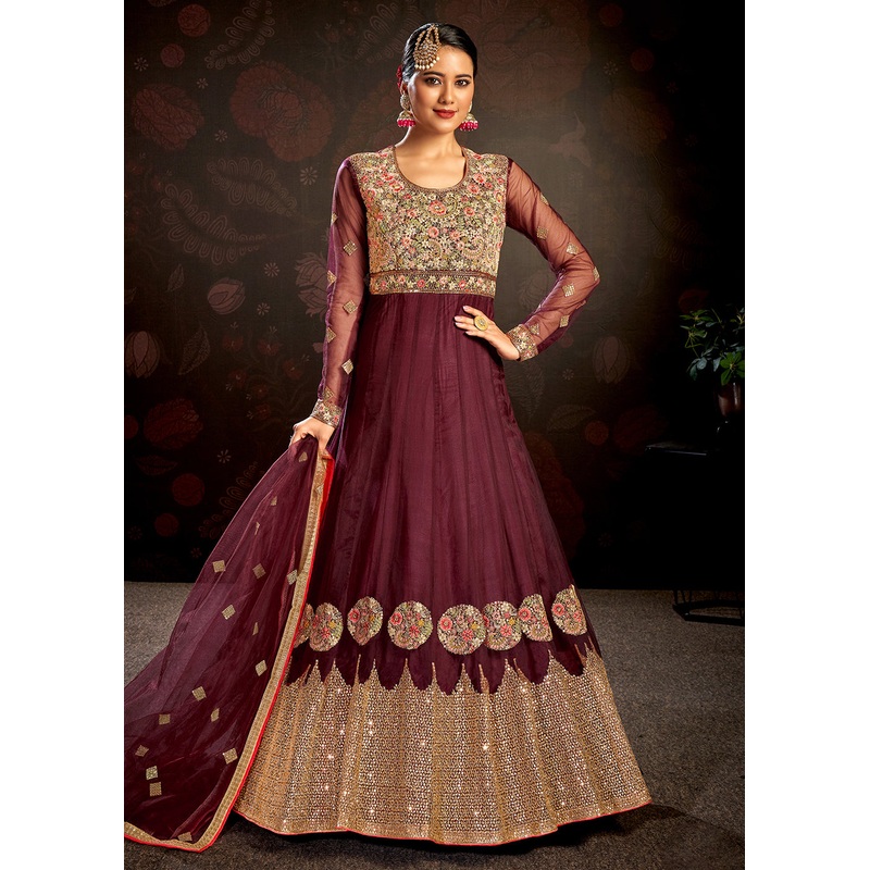 Maroon Sparkly Net Embroidered Designer Anarkali Suit