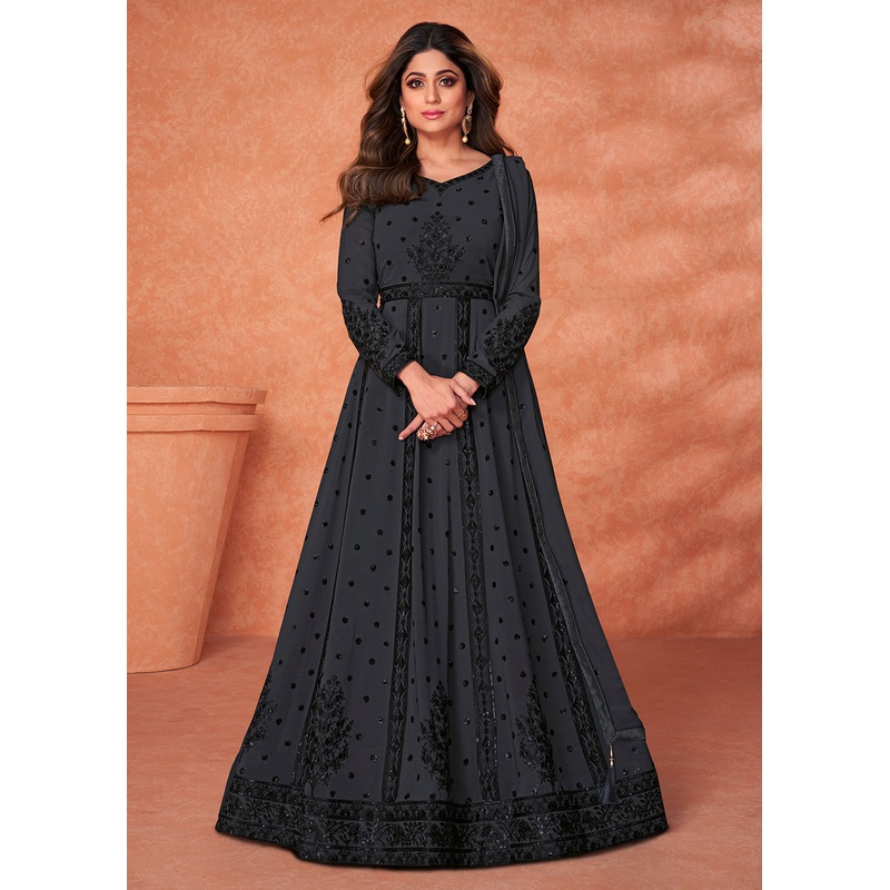 Marvelous Charcoal Black Heavy Designer Anarkali Gown