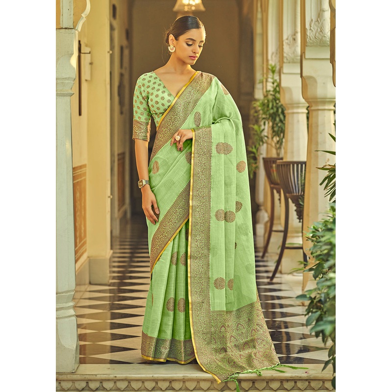 Marvelous Lime Green Soft Linen Weaving Saree with Belt