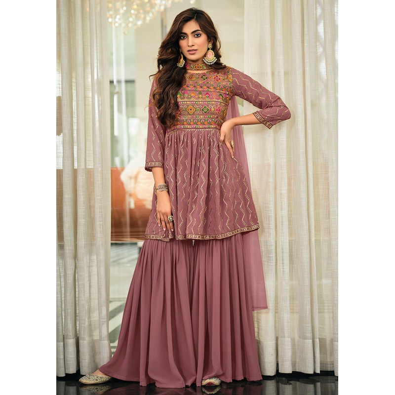 Mauve Pink Festive Wear Georgette Palazzo Salwar Suit