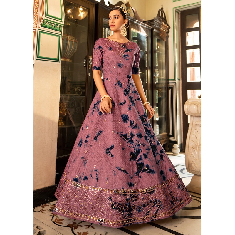 Mauve Shibori Print Embroidered Floor Length Cotton Gown