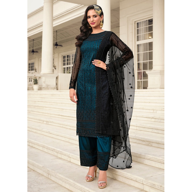 Mesmeric Blue & Black Embroidered Pant Style Salwar Suit