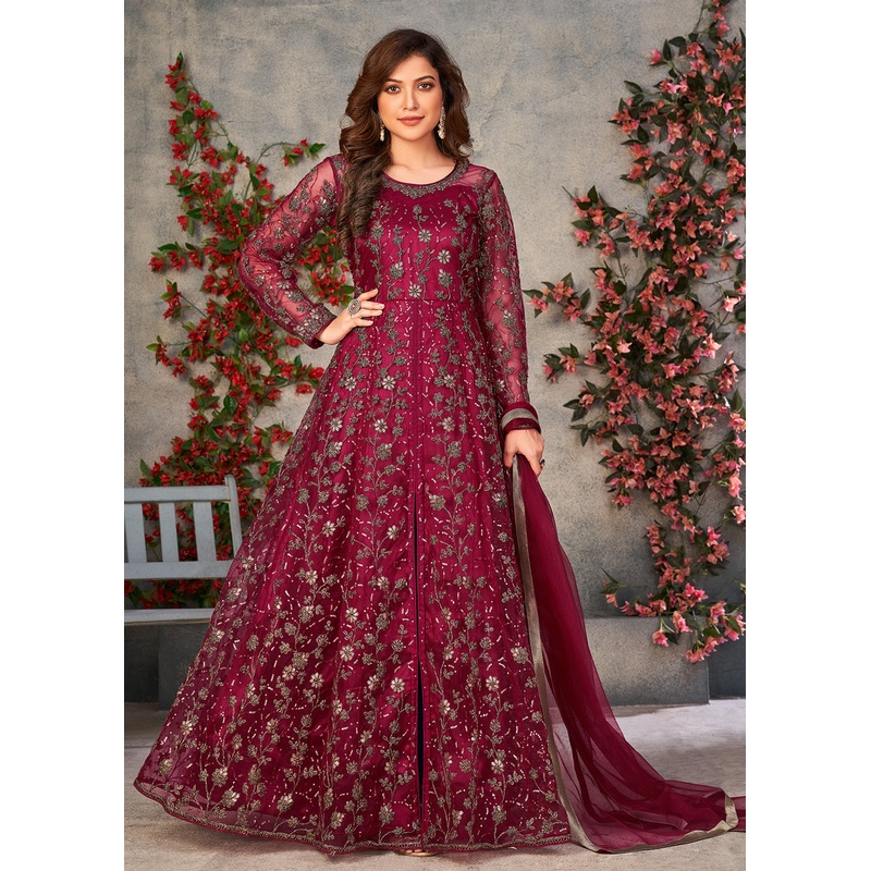 Mesmerizing Maroon Wedding Function Pant Style Anarkali Suit