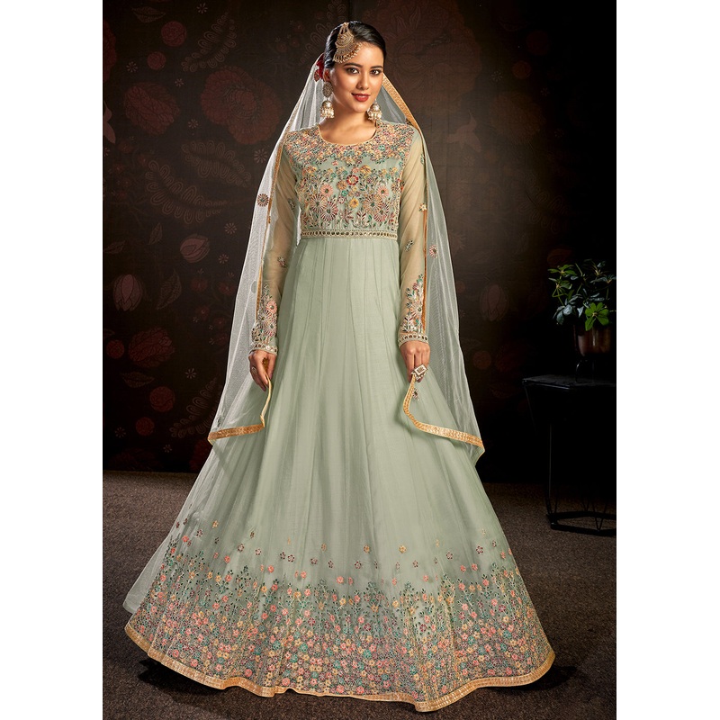 Mint Green Sparkly Net Embroidered Designer Anarkali Suit