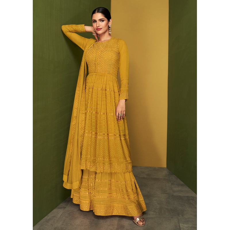 Mustard Yellow Anarkali Style Designer Palazzo Salwar Suit