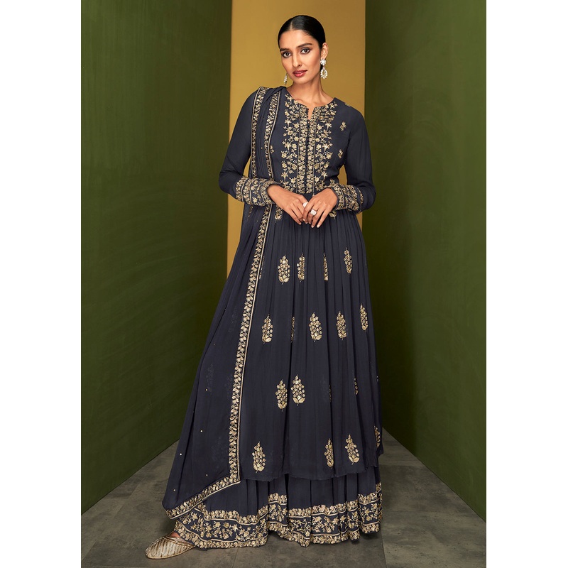 Navy Blue Anarkali Style Designer Palazzo Salwar Suit