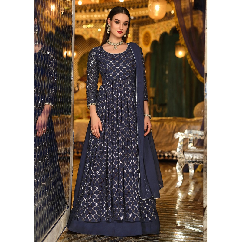 Navy Blue Sequins Front Slit Wedding Wear Anarkali Lehenga