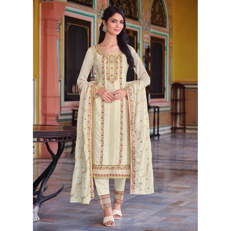 Off White Pakistani Pant Style Chinnon Salwar Suit